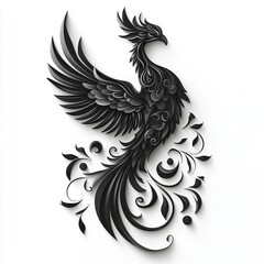 Elegant Black Phoenix Bird Illustration with Swirling Patterns on a White Background