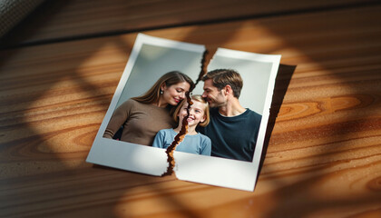 Torn family photo on wooden table symbolizing family conflicts