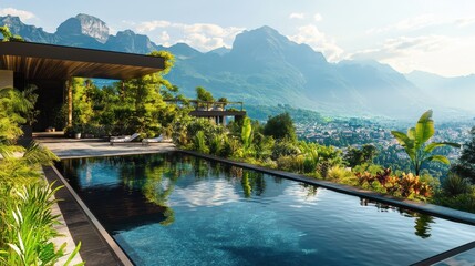 Fototapeta premium A large pool with a view of mountains and a city in the background