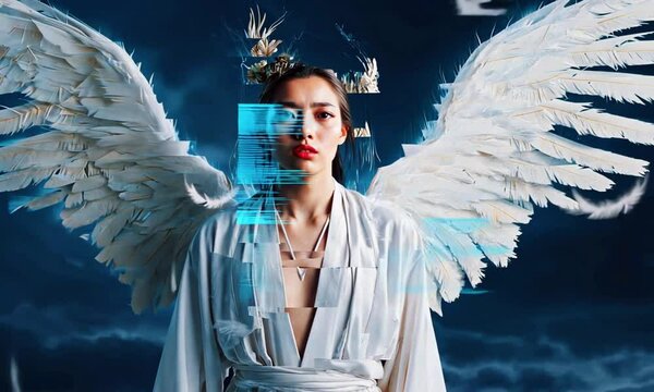 A fallen angel with glitching, broken wings that flicker in and out of reality. Its face splits into multiple, overlapping expressions of anger sorrow, unnerving visual