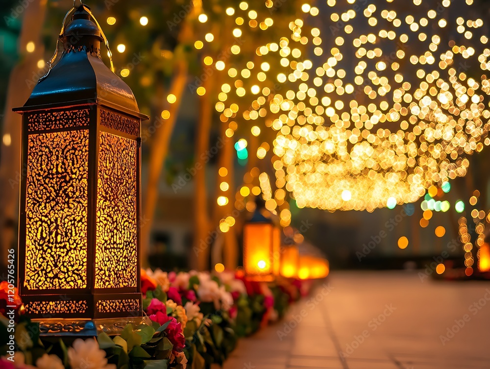 Aufkleber illuminated lanterns line festive pathway with string lights