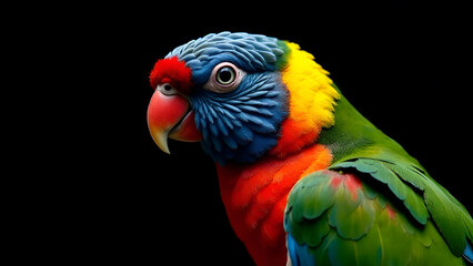 Fototapeta premium A vivid closeup shot of a vibrant and colorful parrot set against a striking black background, showcasing its stunning features and colors