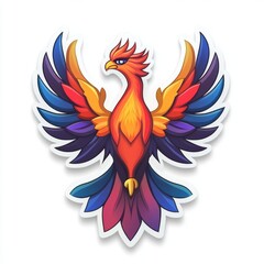 Obraz premium Vibrant Phoenix Emblem with Colorful Wings Isolated on White Background, a mythical creature with bright plumage illustration