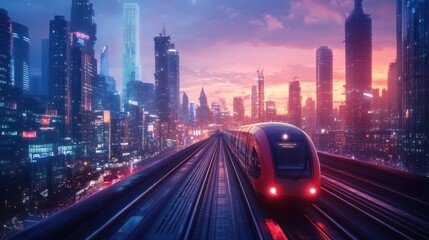 Fototapeta premium A train running in the middle of the city, produces a beautiful urban view.