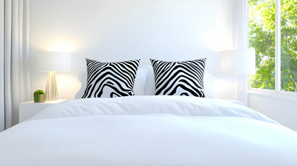 Stylish bedroom showcasing black and white zebra print pillows alongside bright, natural light
