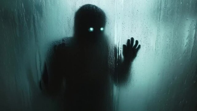 Scene of a mysterious person behind the glass, smooth repeating motion for background video animation.