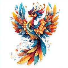Obraz premium Vibrant Phoenix Rising: A Colorful Depiction of Mythical Bird With Feathers in Multiple Shades of Color on a White Background