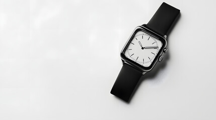 A minimalist photo of a modern wristwatch on a clean white background 