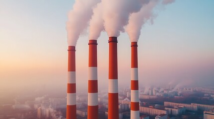 Climate change: Pollution and temperature rise. Industrial smokestacks emitting steam at sunrise.