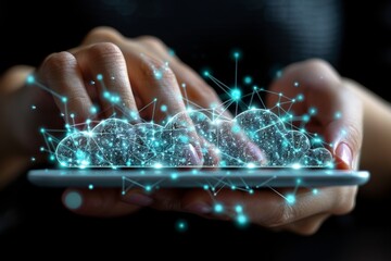 Businessman using tablet for cloud computing, networking, data storage, and smart solutions