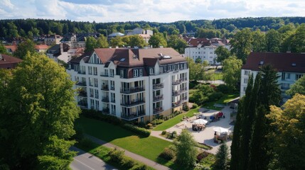 Obraz premium A lovely summer day in the city seeing beautiful residential buildings and lots of green trees around