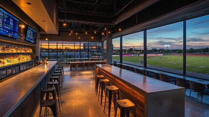 This chic bar features modern seating, a wide drink selection, and views of a lively sports field, making it the perfect spot for relaxation against a stunning sunset