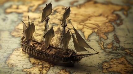 Navigational ship resting on ancient world maps.