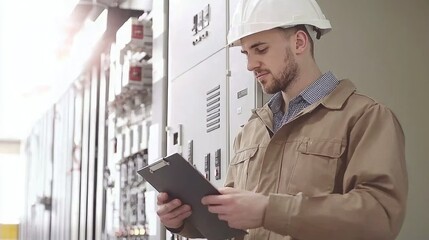 Worker inspecting equipment in a facility while holding a clipboard.