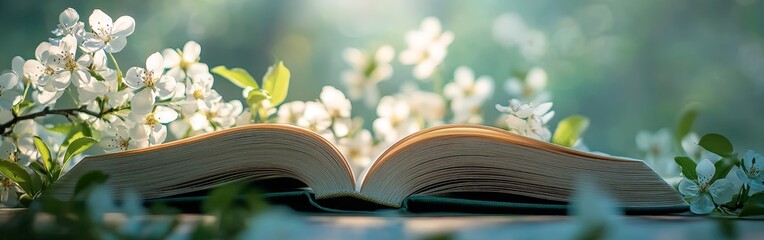 An open book with delicate flowers and greenery in soft lighting. Perfect for spring reading, creativity, and literary inspiration concepts.