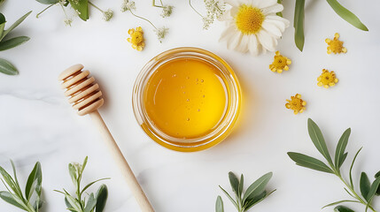 A clean photo of a jar of honey with a wooden dipper on a white background