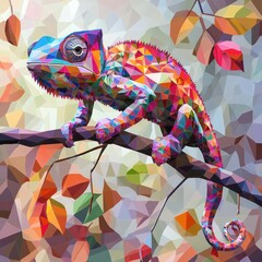 Colorful chameleon perched on branch, autumn leaves background, nature art