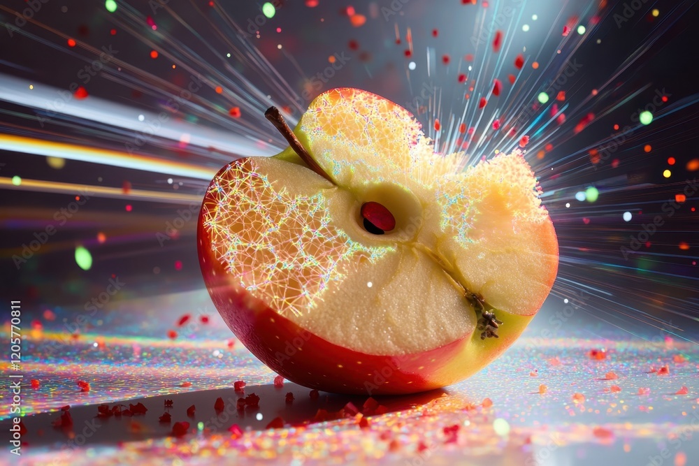 Poster a fresh apple explodes with sparkling energy and vibrant colors in a creative display