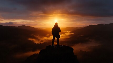 Obraz premium Majestic Sunrise: A lone hiker silhouetted against a breathtaking mountain vista, bathed in the golden hues of dawn. A scene of serenity and adventure.