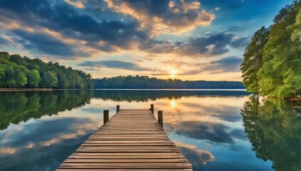 Fototapeta premium a brown wooden dock over the rippling blue waters of Lake Acworth surrounded by lush green trees and blue with powerful clouds at sunset at Cauble Park in Acworth Georgia USA 