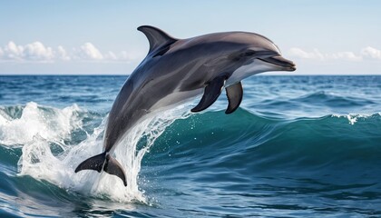 Fototapeta premium ): A playful dolphin leaping joyfully over ocean waves, embodying intelligence, freedom, and the harmonious relationship between humans and marine life in the deep, endless sea