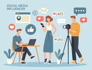 Flat vector illustration of a social media influencer team creating content, featuring a woman with a phone, a photographer, and a man working on a laptop, surrounded by social media icons.