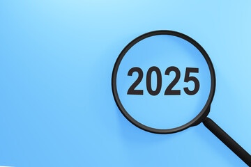 Exploring New Year 2025 Celebration Concepts With a Magnifying Glass on a Light Blue Background