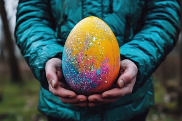 Colorful decorative egg held by a person in a forest setting during springtime activities