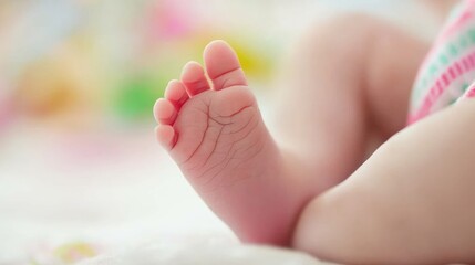 Naklejka premium Baby's foot resting on a soft surface surrounded by colorful toys.