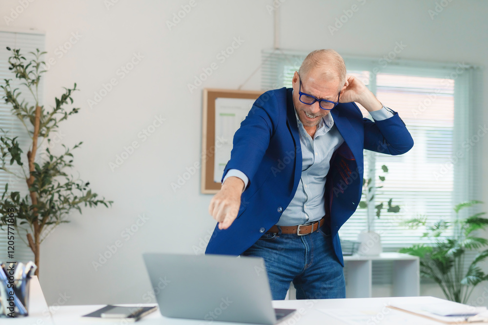 Poster senior manager getting angry and frustrated while working with computer at desk