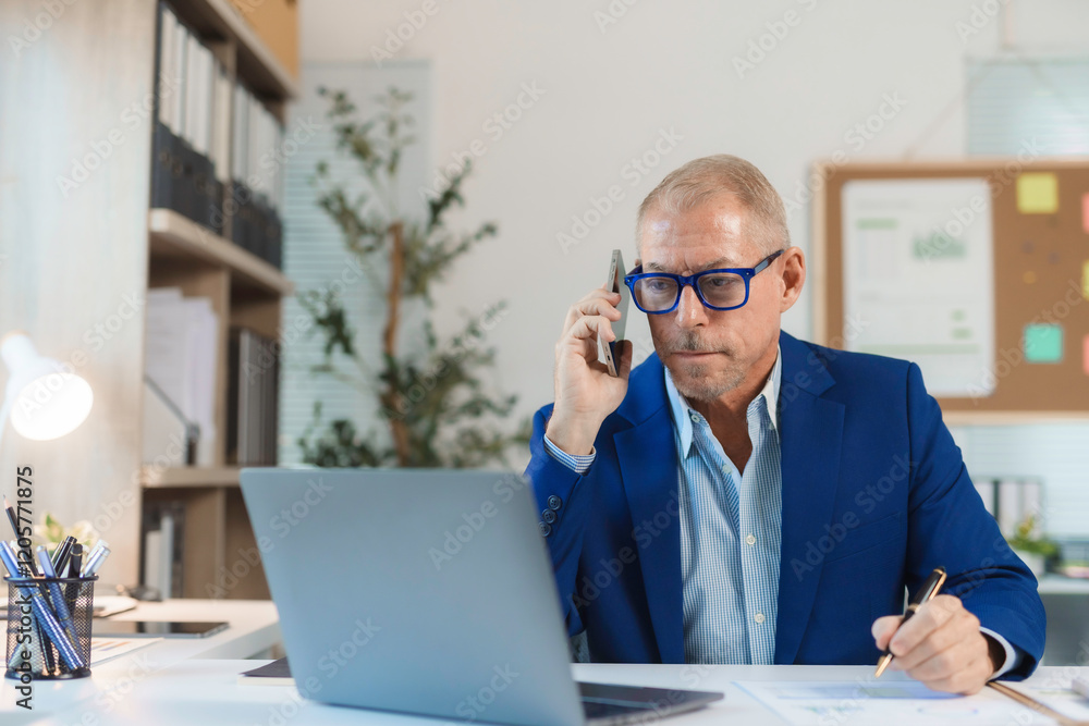 Aufkleber senior manager using laptop and talking on mobile phone while working at desk in office