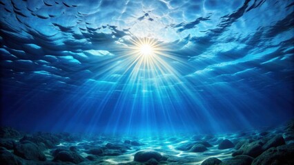 Fototapeta premium Ocean Depths Sunbeams Illuminate the Mysterious Underwater Realm of Rocks and Sandy Seabed