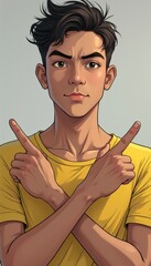 A young man with a determined expression crosses his arms confidently, wearing a vibrant yellow shirt. His expressive face and dynamic pose convey a sense of strength and self-assurance, making a