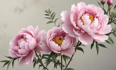 Elegant watercolor artwork of peony branch with blooming flowers, green, botanical, branch, pink