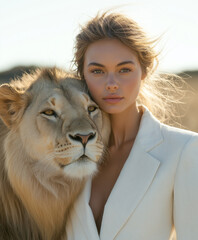 Striking young woman in white blazer posing confidently beside majestic lion against golden sunset background