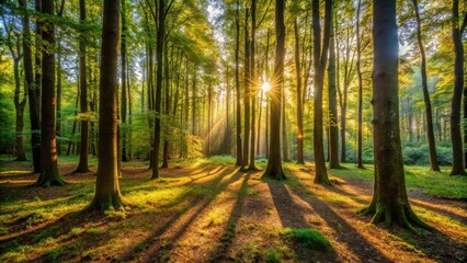 Obraz premium Warm sunlight casts dappled shadows on forest floor amidst tall trees and dense foliage