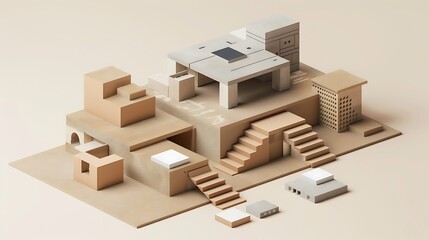 Fototapeta premium Modern isometric composite materials construction with layered textures, bold structural elements, and innovative architectural design