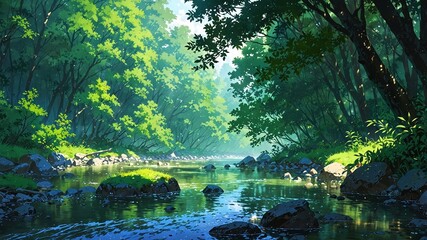 Obraz premium serene river with lush greenery and misty atmosphere, anime style
