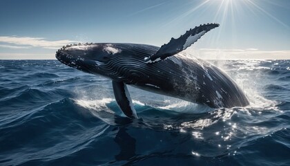 Obraz premium A majestic whale surfacing from the deep blue sea, its massive body gleaming in the sunlight, representing the power and mystery of marine life in the ocean depths