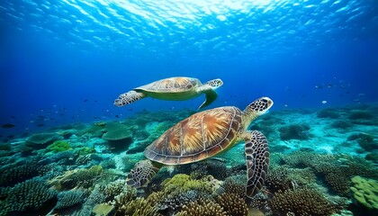 Obraz premium Underwater beauty, turtles swimming in clear blue waters. 