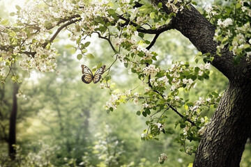 Fototapeta premium Spring themed background with a tree trunk and flowers providing a frame for copy space.