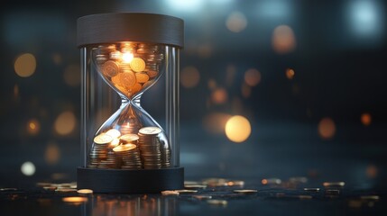 Investment time management business environment digital art coins in hourglass futuristic viewpoint wealth concept