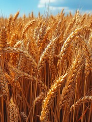 A close-up view of golden wheat fields under a clear blue sky.