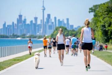 Obraz premium A group walks along a path with a city skyline behind them. Evening Strolls and City Life: Experience the heartbeat of the city