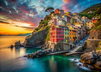 Cinque Terre, Riomaggiore: Vibrant Italian Coastal Village at Sunset, Dramatic Cliffs & Colorful Houses