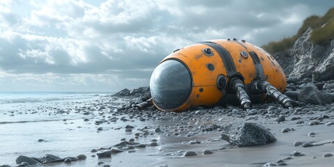 Obraz premium Futuristic escape pod stranded on a rocky beach under a cloudy sky