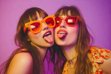Playful sisters flaunt vibrant style and carefree attitude in colorful sunglasses against a striking purple background during a sunny afternoon
