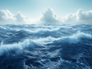 A serene ocean scene with waves and clouds under a bright sky.