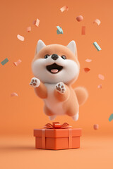 Adorable Shiba Inu puppy leaps for joy amidst confetti, above a gift. Pure delight!