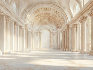 Fototapeta premium A grand, luminous hall featuring classical architecture with marble columns and arches.